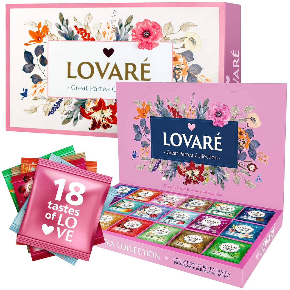 LOVARE box-front showcases the tea variety pack for elegant gifting and daily pleasure.