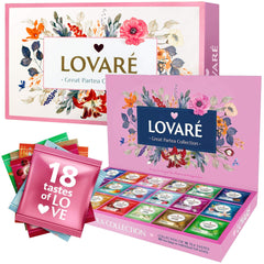 LOVARE box-front showcases the tea variety pack for elegant gifting and daily pleasure.
