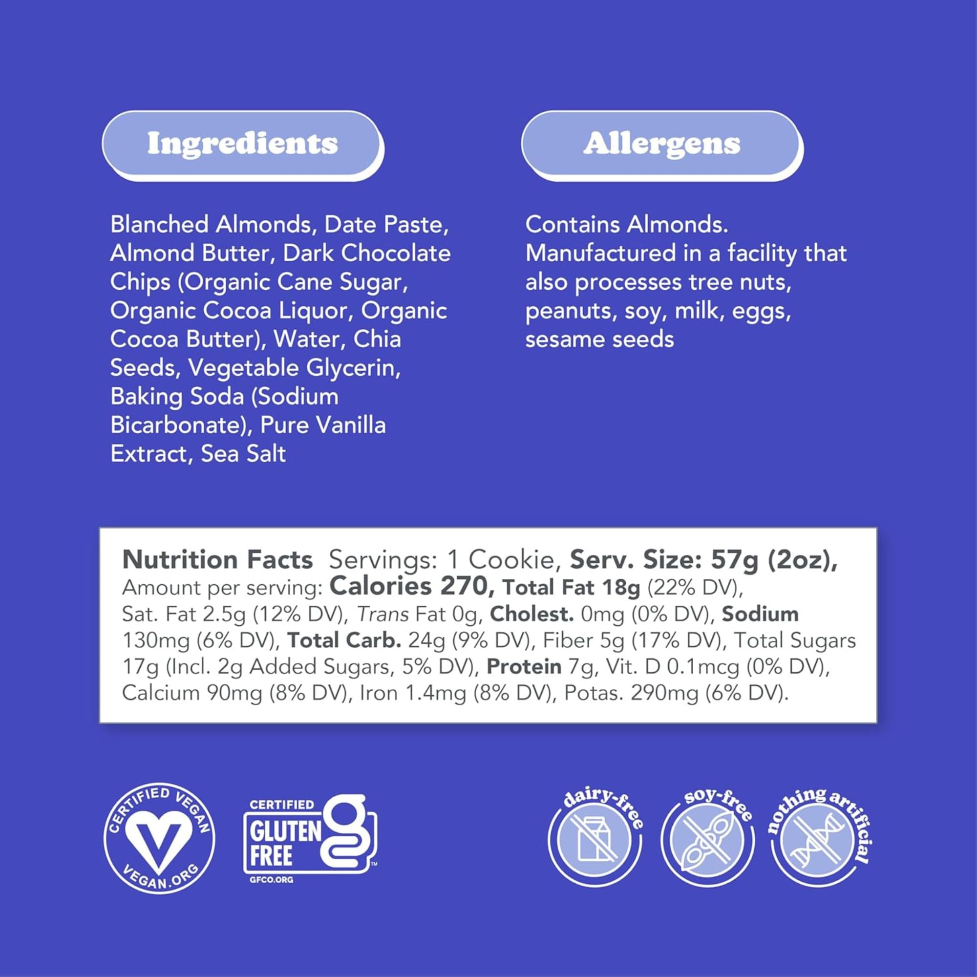 Love Chew Cookie Chocolate Chia ingredients highlight premium cacao and chia for flavorful snacking.