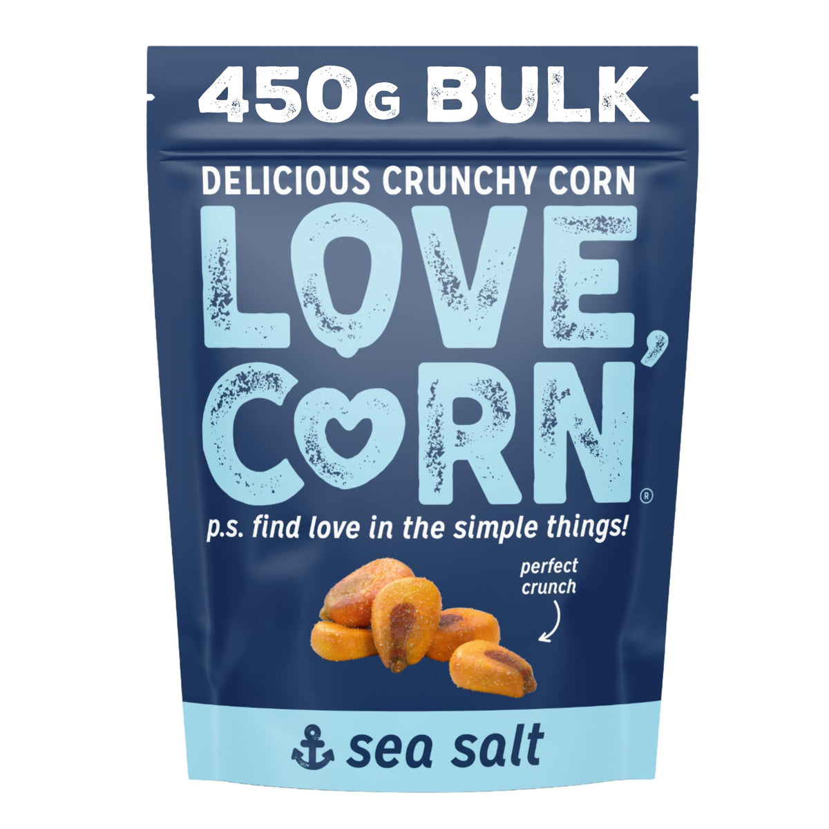 Love Corn Sea Salt 16oz bag on countertop, gluten-free snack for busy days.