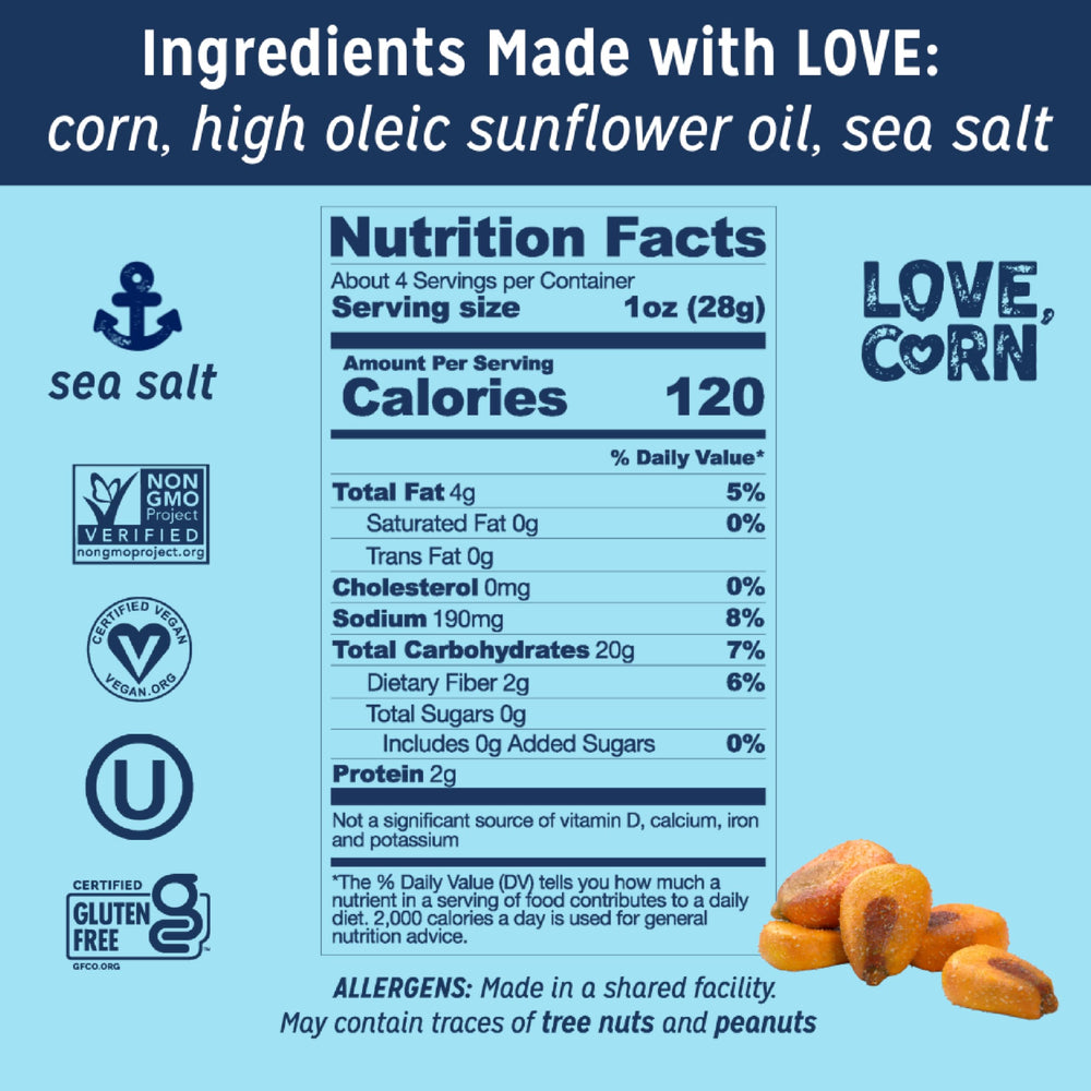 Packaging side view of Love Corn Sea Salt emphasizes dietary options