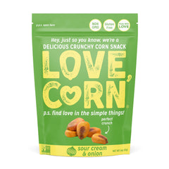 Love Corn Sour Cream & Onion crunchy corn in a 4 oz bag for on-the-go snacking.