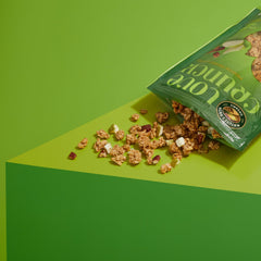 Love Crunch Apple Chia Crumble granola with cinnamon clusters and warmth.
