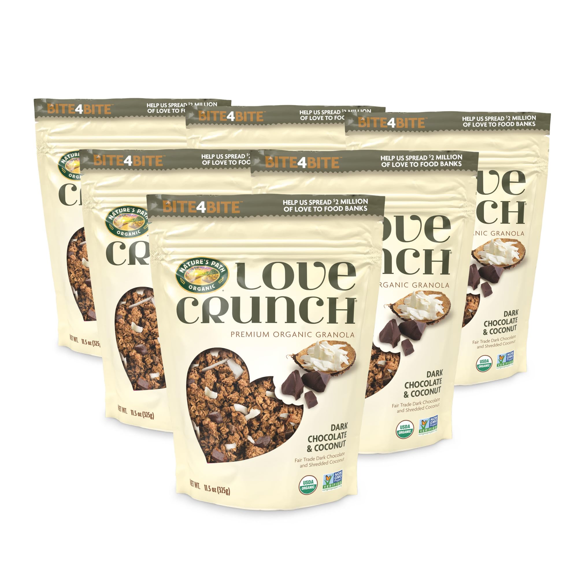 Love Crunch coconut and chocolate chunks, a tropical crunch in every bite.