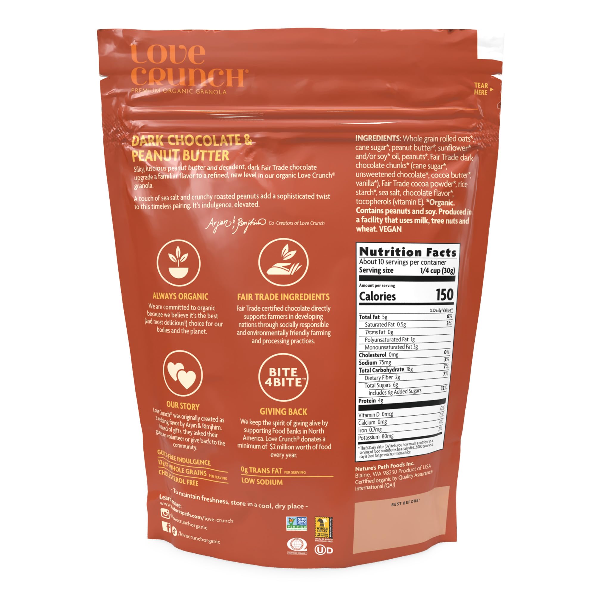 Close-up of crunchy clusters and chocolate chunks in Love Crunch granola, snack-ready treat.