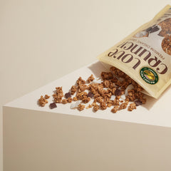Love Crunch dark chocolate chunks close-up show indulgent cacao pockets.