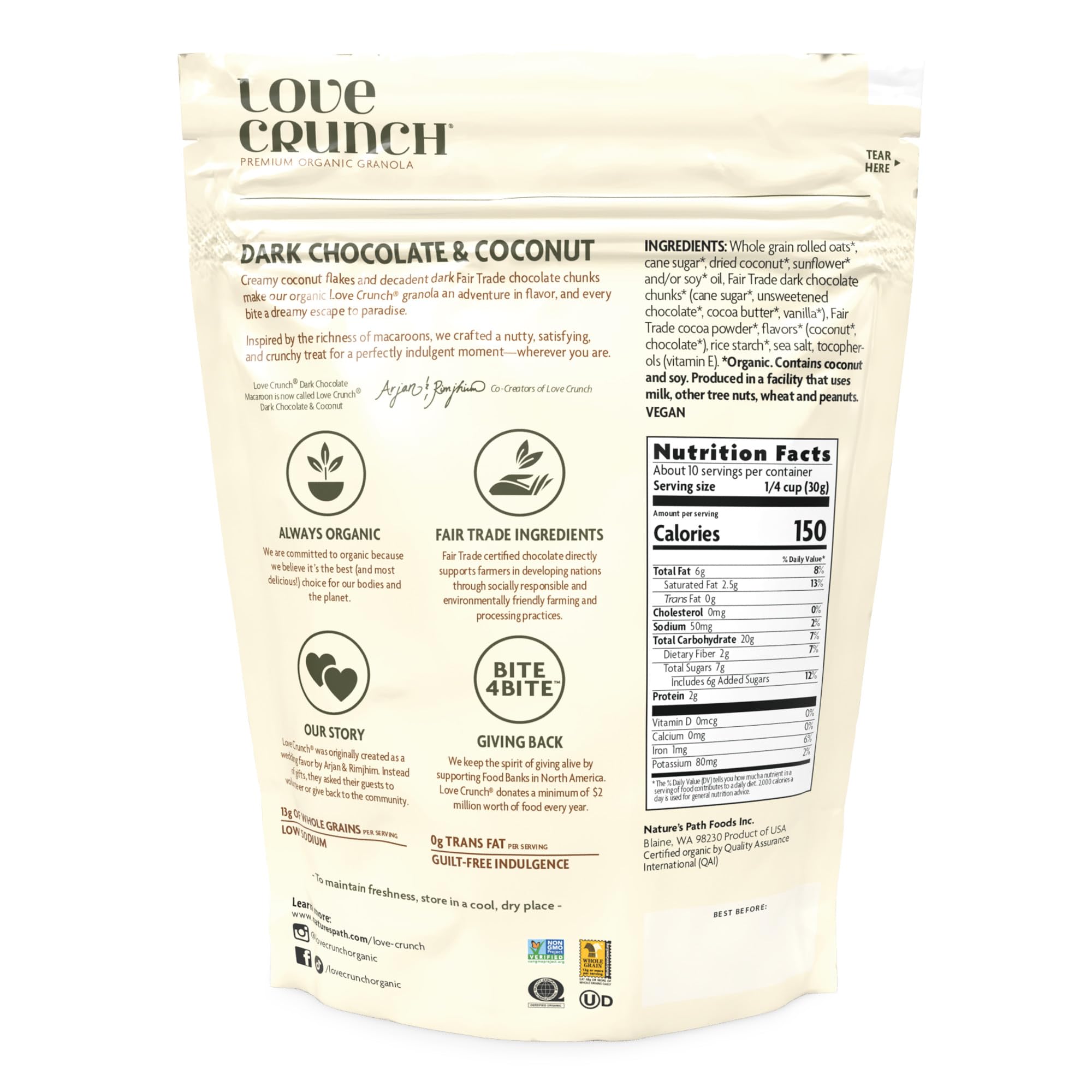 Love Crunch granola clusters close-up with dark chocolate and coconut flakes for a tasty snack.