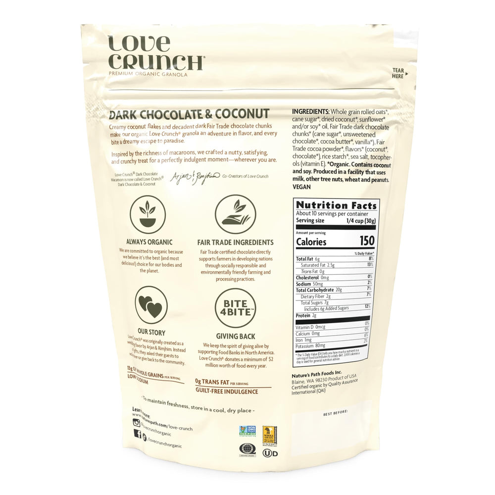 Love Crunch granola clusters close-up with dark chocolate and coconut flakes for a tasty snack.