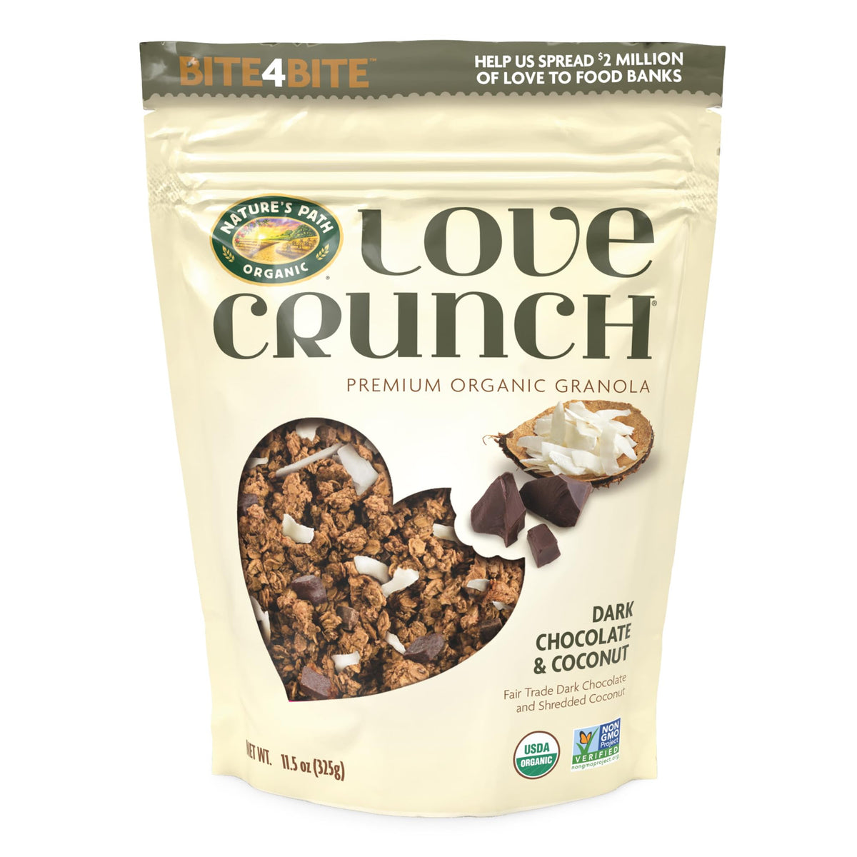 Love Crunch Dark Chocolate Coconut Granola pack with rich clusters for a satisfying breakfast.