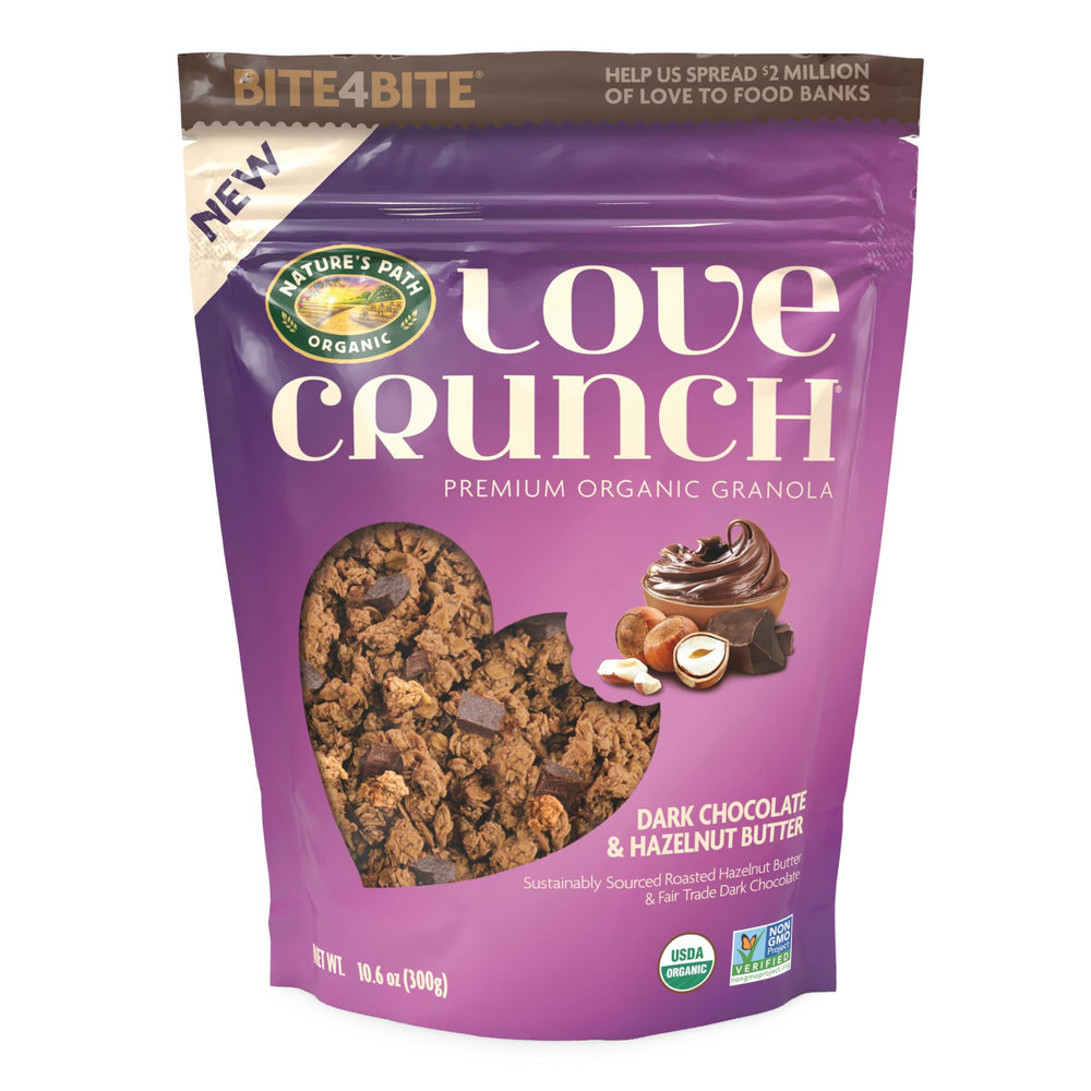 Love Crunch dark chocolate hazelnut butter granola pack, ideal for a balanced breakfast on the go.