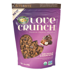 Love Crunch pack shot showing organic granola with dark chocolate and hazelnut butter for a tasty breakfast