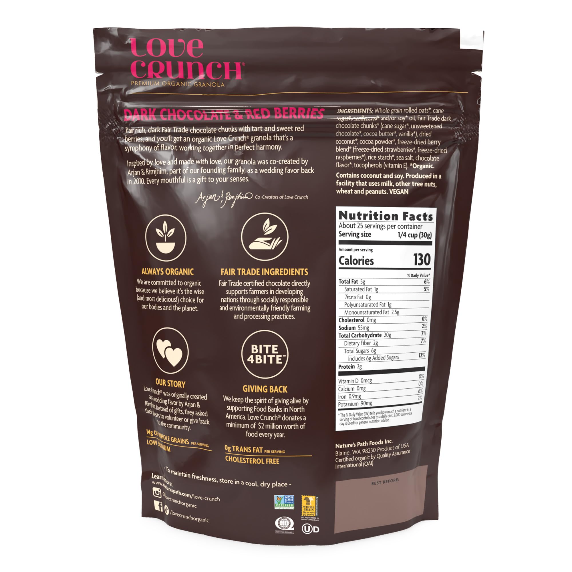 Love Crunch packaging highlights eco-friendly certifications and fair-trade appeal.