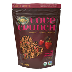 Love Crunch Dark Chocolate & Red Berries granola pouch showing indulgent treat with wholesome ingredients.