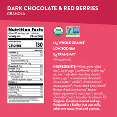Love Crunch organic granola clusters close-up, chocolate oats and berries for crunch.