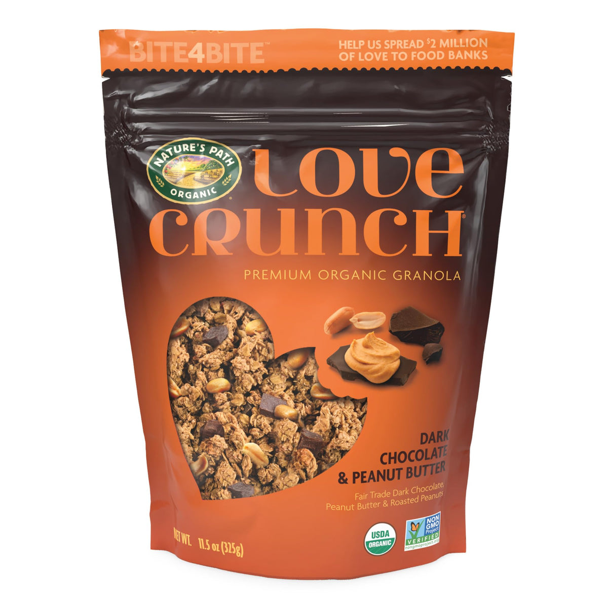 Love Crunch pack front shows dark chocolate peanut butter granola, a tasty breakfast option.