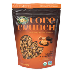 Love Crunch pack front shows dark chocolate peanut butter granola, a tasty breakfast option.