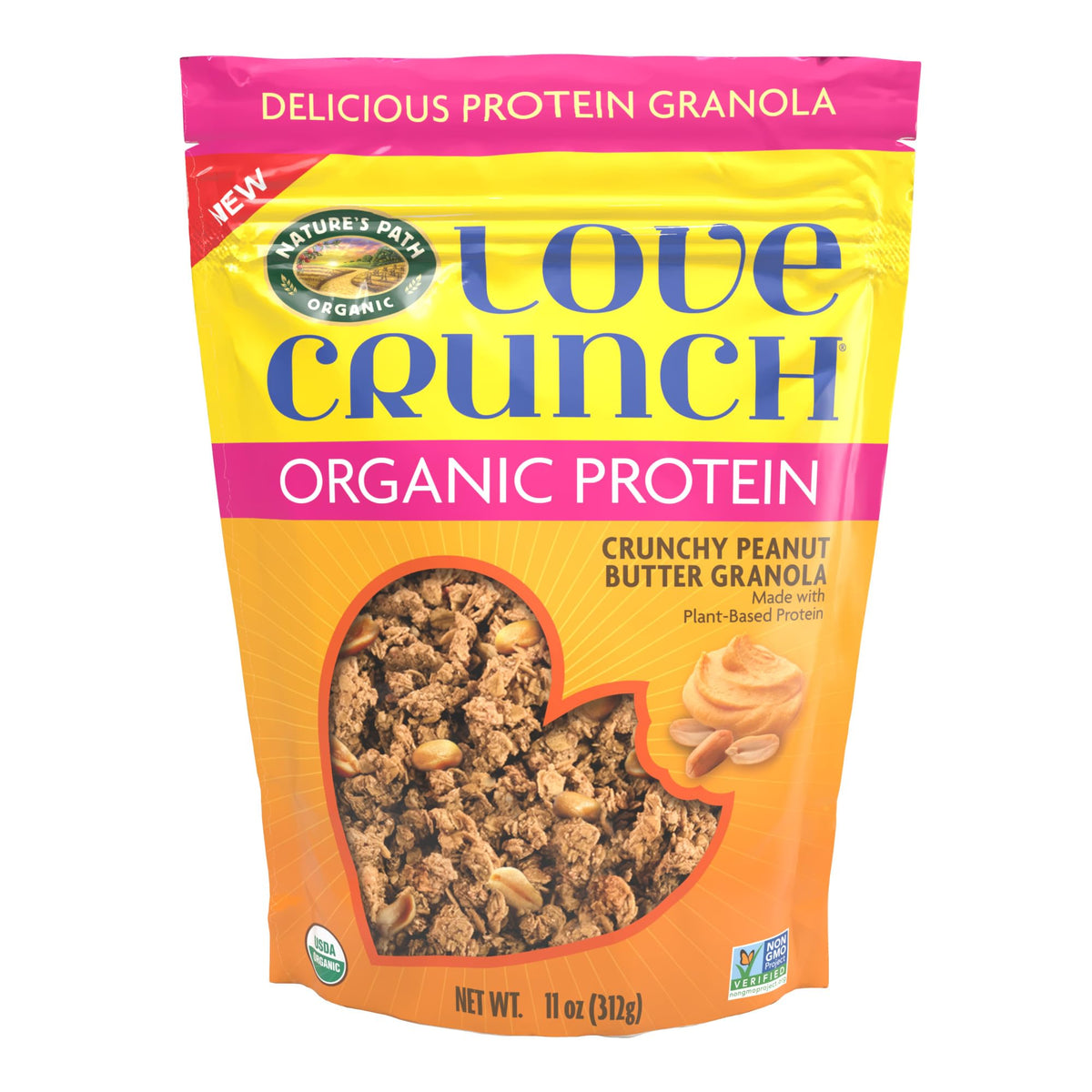 Love Crunch Peanut Butter Protein Granola bag open, showing crisp clusters coated in peanut butter for snacking.