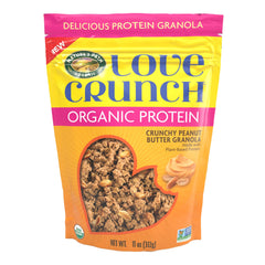 Love Crunch Peanut Butter Protein Granola bag open, showing crisp clusters coated in peanut butter for snacking.