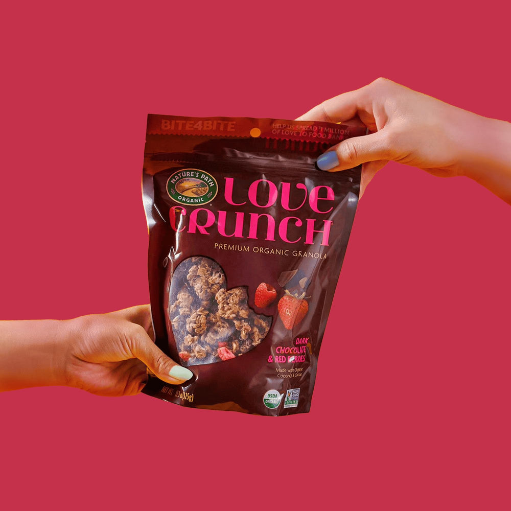 Love Crunch vegan non-GMO granola label highlighting plant-based nourishment.