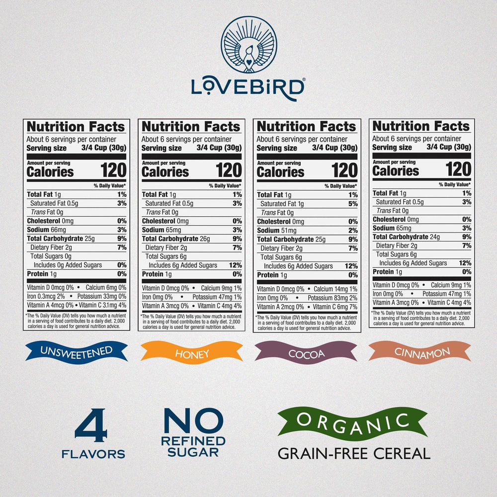 Lovebird Organic Cereal bag packaging highlights clean, honest ingredients.