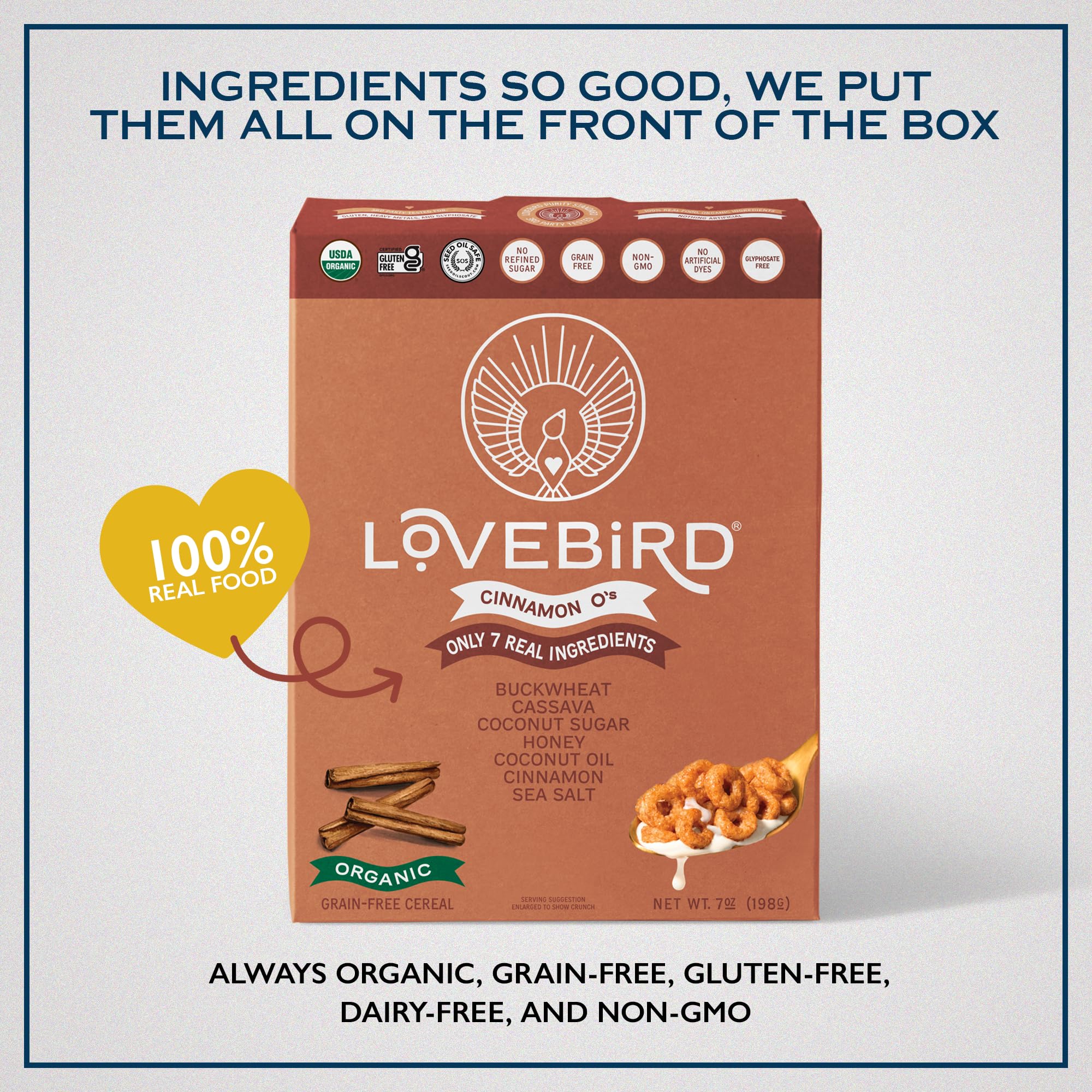Box front shows a clean, simple Lovebird branding for Cinnamon cereal.