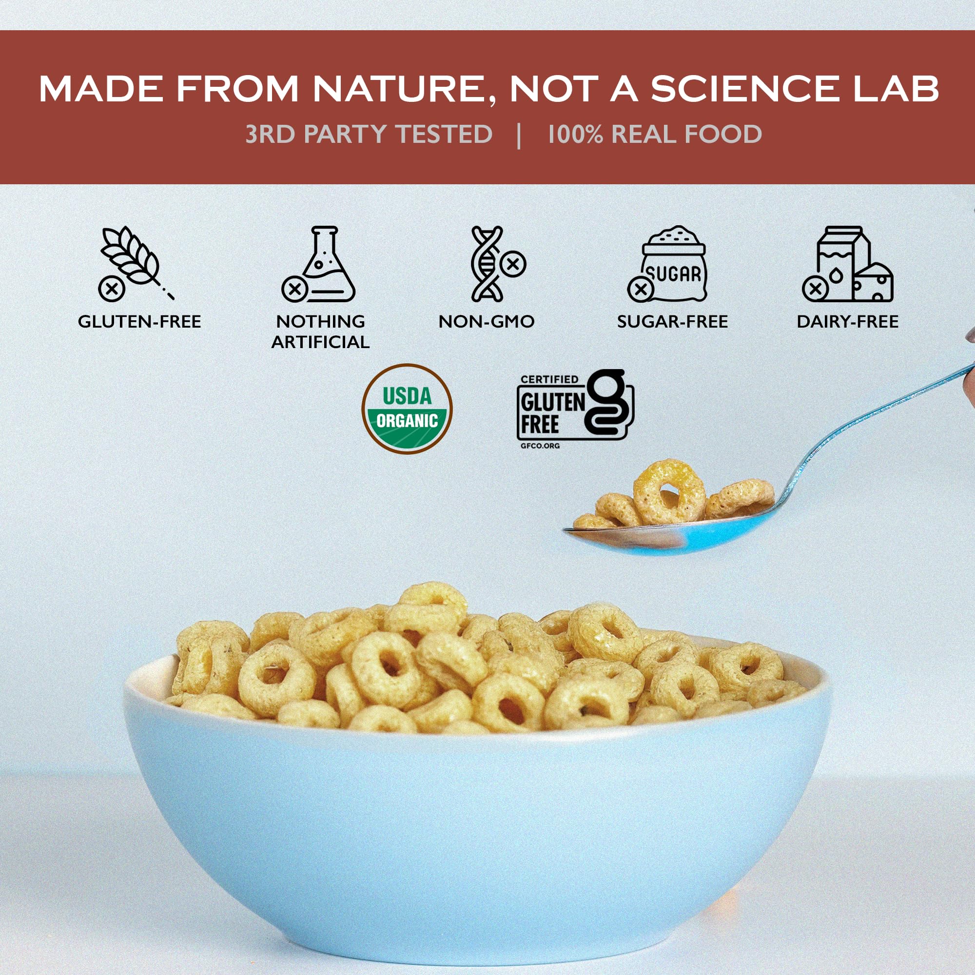 Gluten-free packaging close-up emphasizes a clean ingredient panel on Lovebird cereal.
