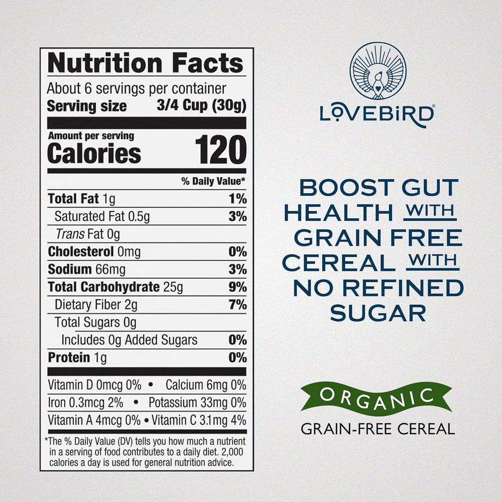 Lovebird Organic Cereal crisp-bowl reveals grain-free crunch ideal for quick breakfasts