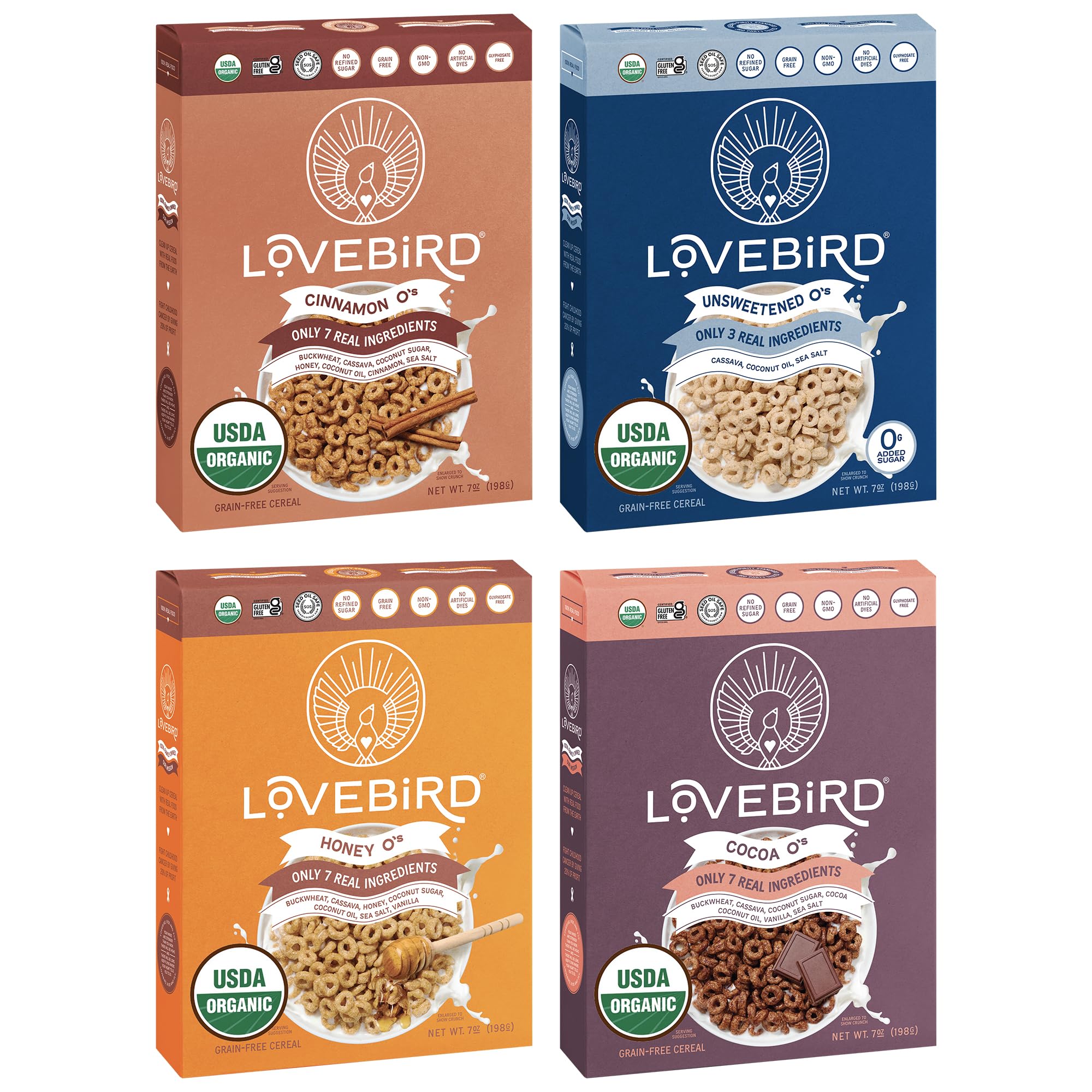 Lovebird Organic Cereal front label showcases real-food ingredients and no refined sugar.