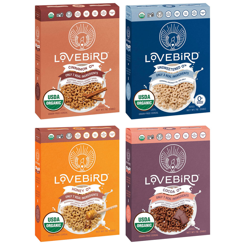 Lovebird Organic Cereal front label showcases real-food ingredients and no refined sugar.