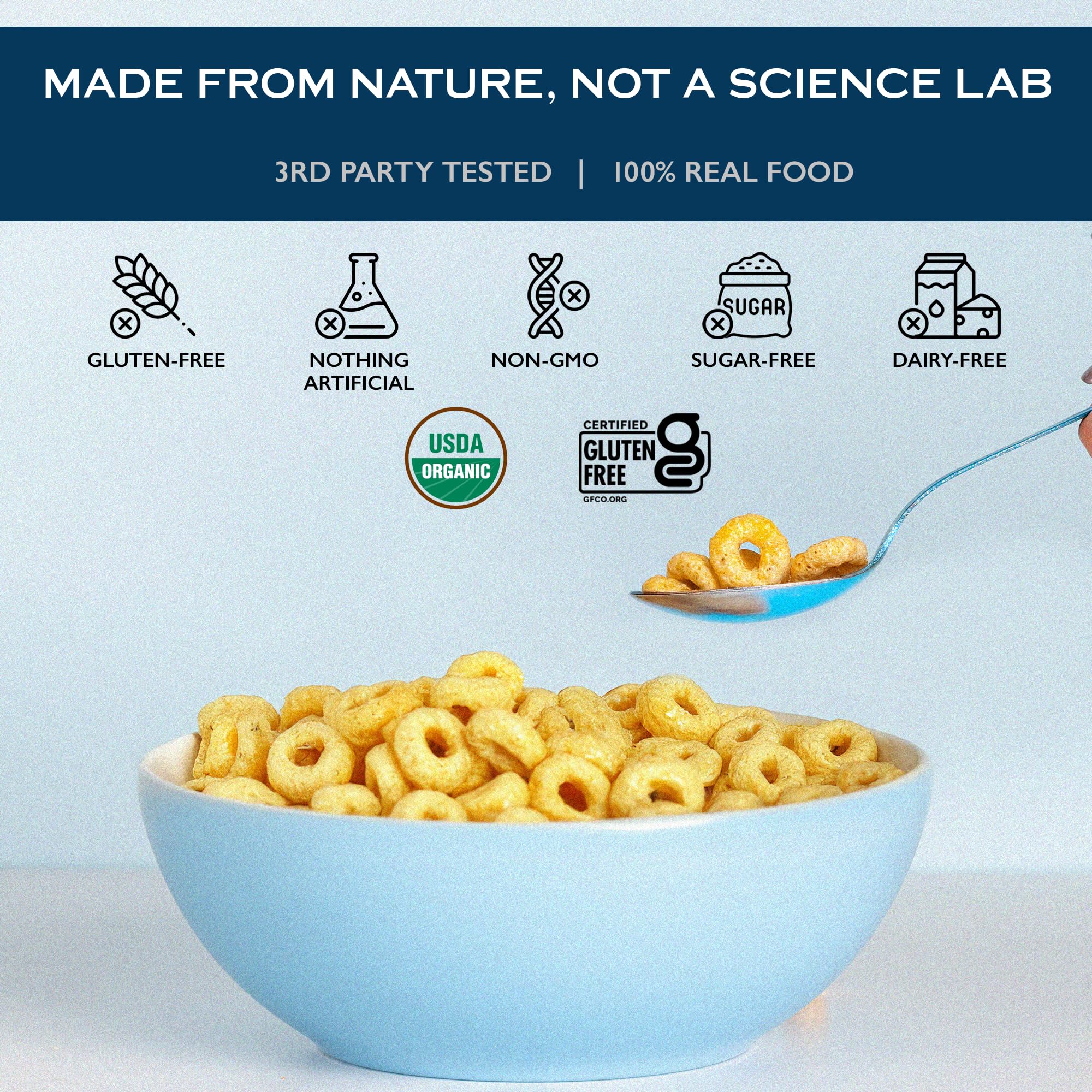 Lovebird Organic Cereal front-of-box ingredients list for transparency