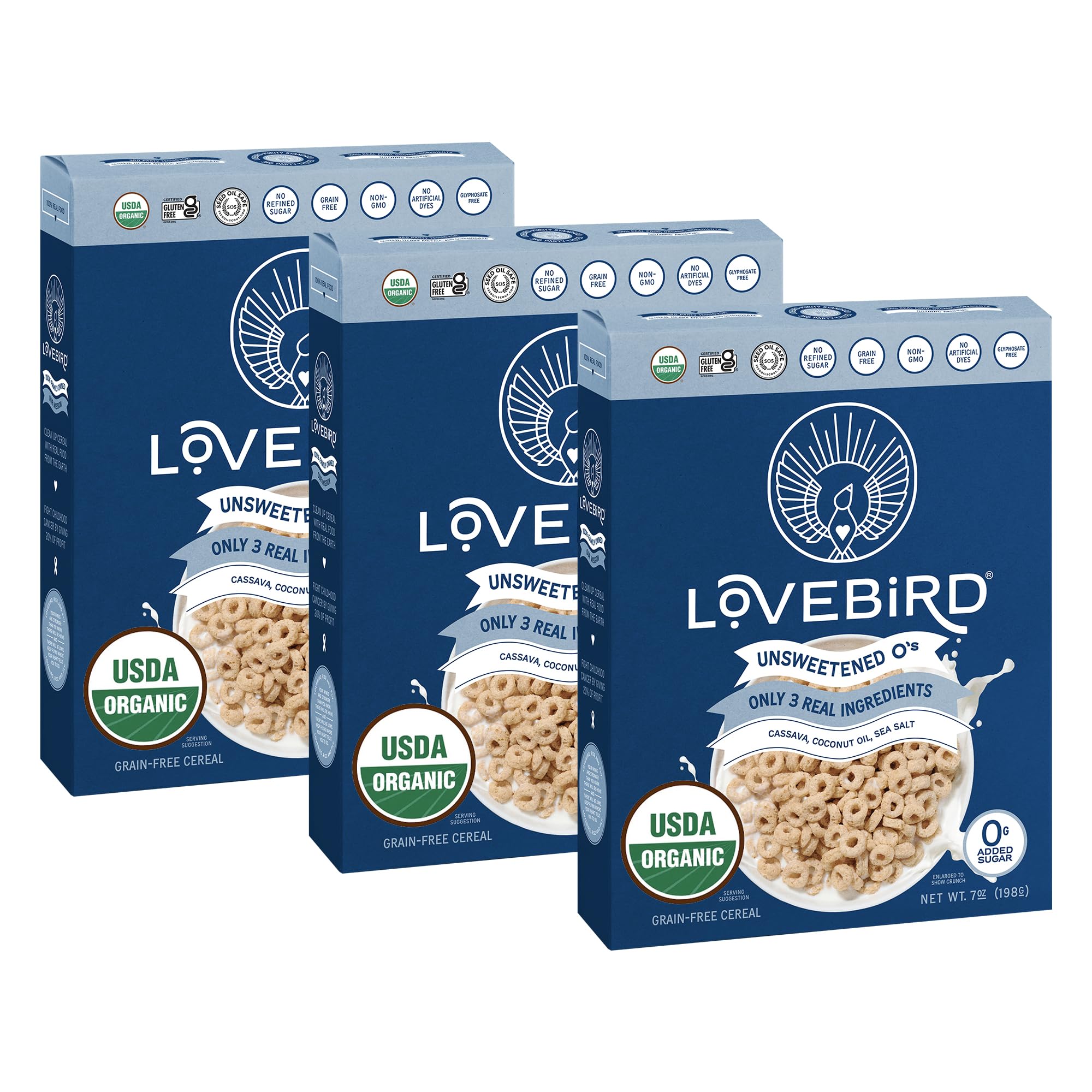 Lovebird Organic Cereal front-pack shows real ingredients and transparent labeling for health-minded shoppers