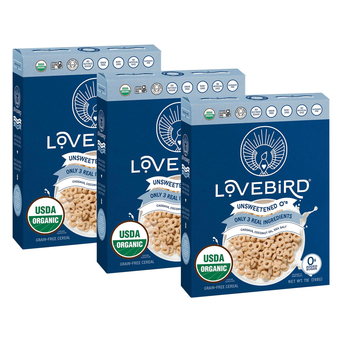 Lovebird Organic Cereal front-pack shows real ingredients and transparent labeling for health-minded shoppers