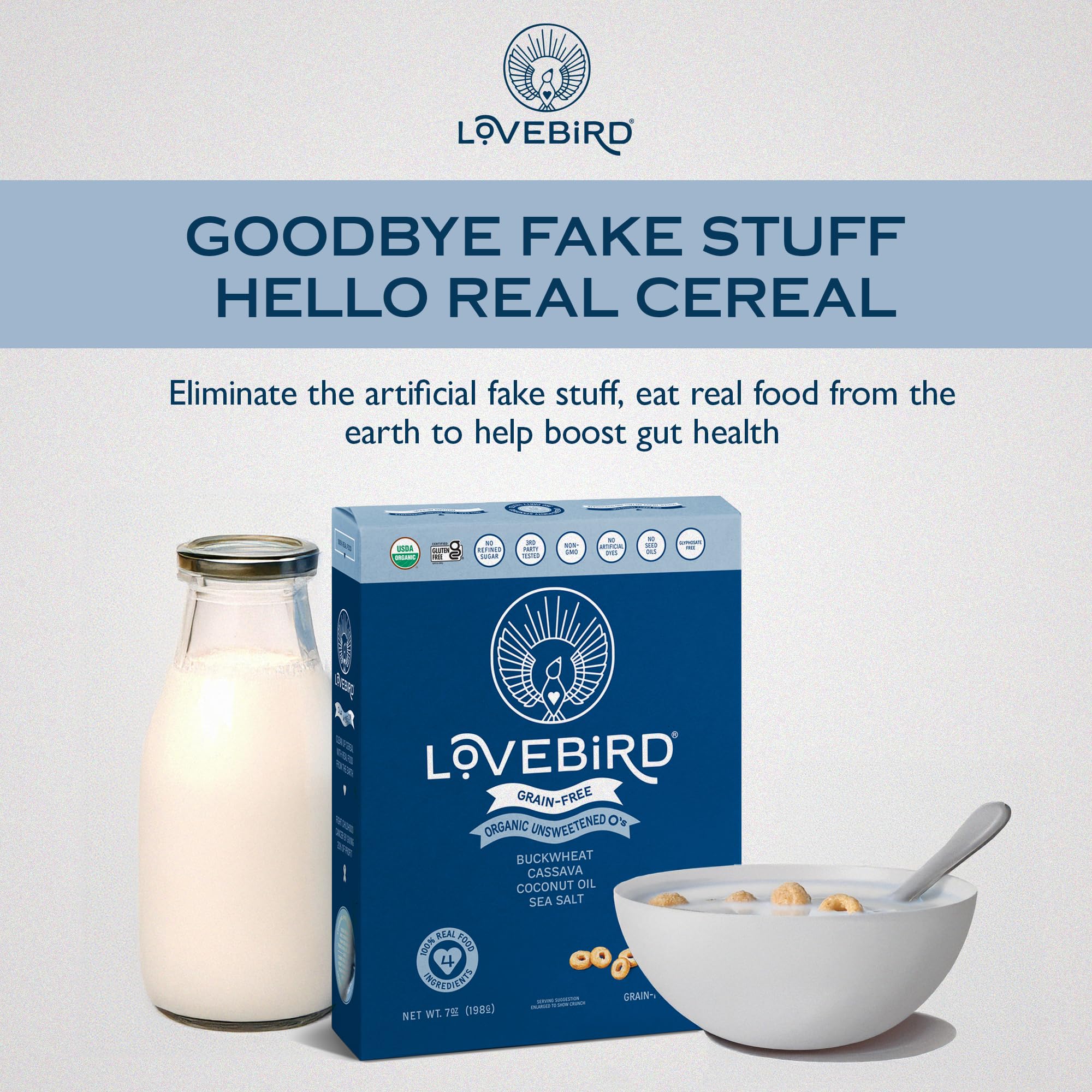 Lovebird Organic Cereal ingredients-front highlights simple, honest real-food components at a glance