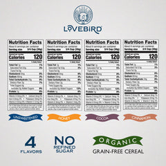 Lovebird Organic Cereal pack front view showing real ingredients