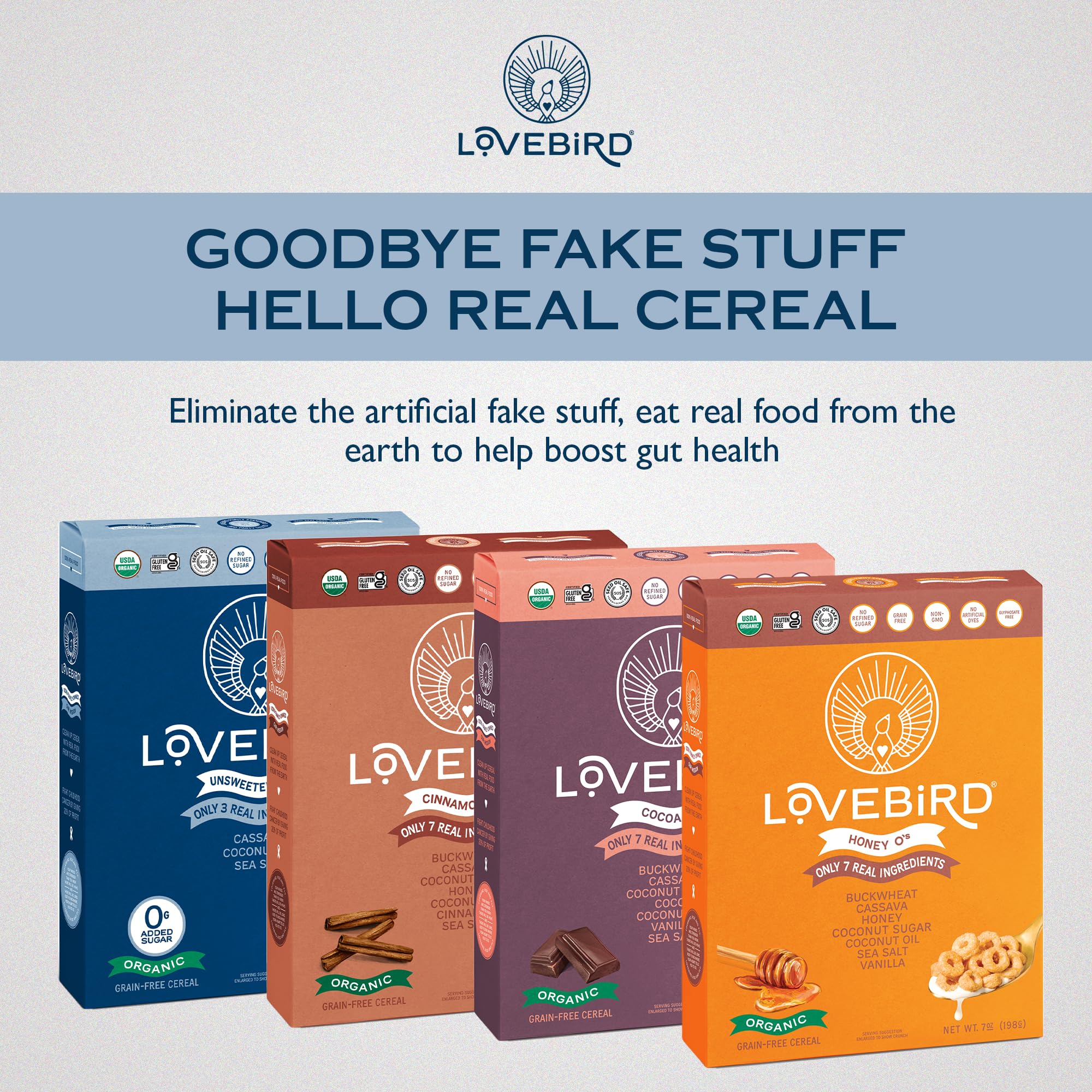 Lovebird Organic Cereal paleo keto-friendly packaging for versatile diets