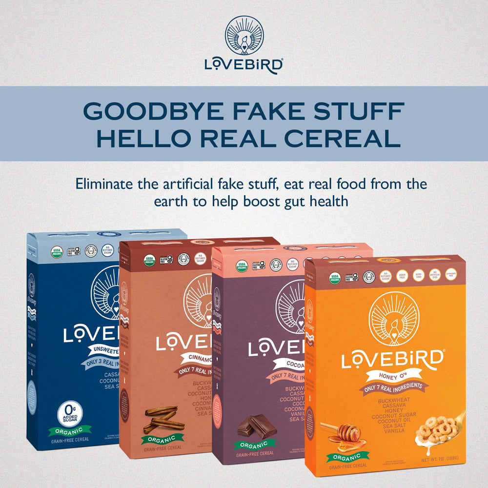 Lovebird Organic Cereal paleo keto-friendly packaging for versatile diets