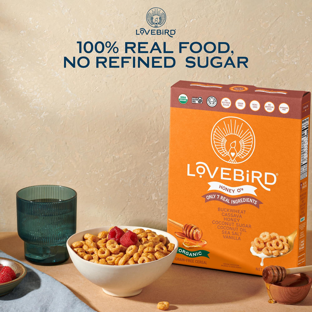 Lovebird Organic Cereal on pantry shelf ready for busy mornings.