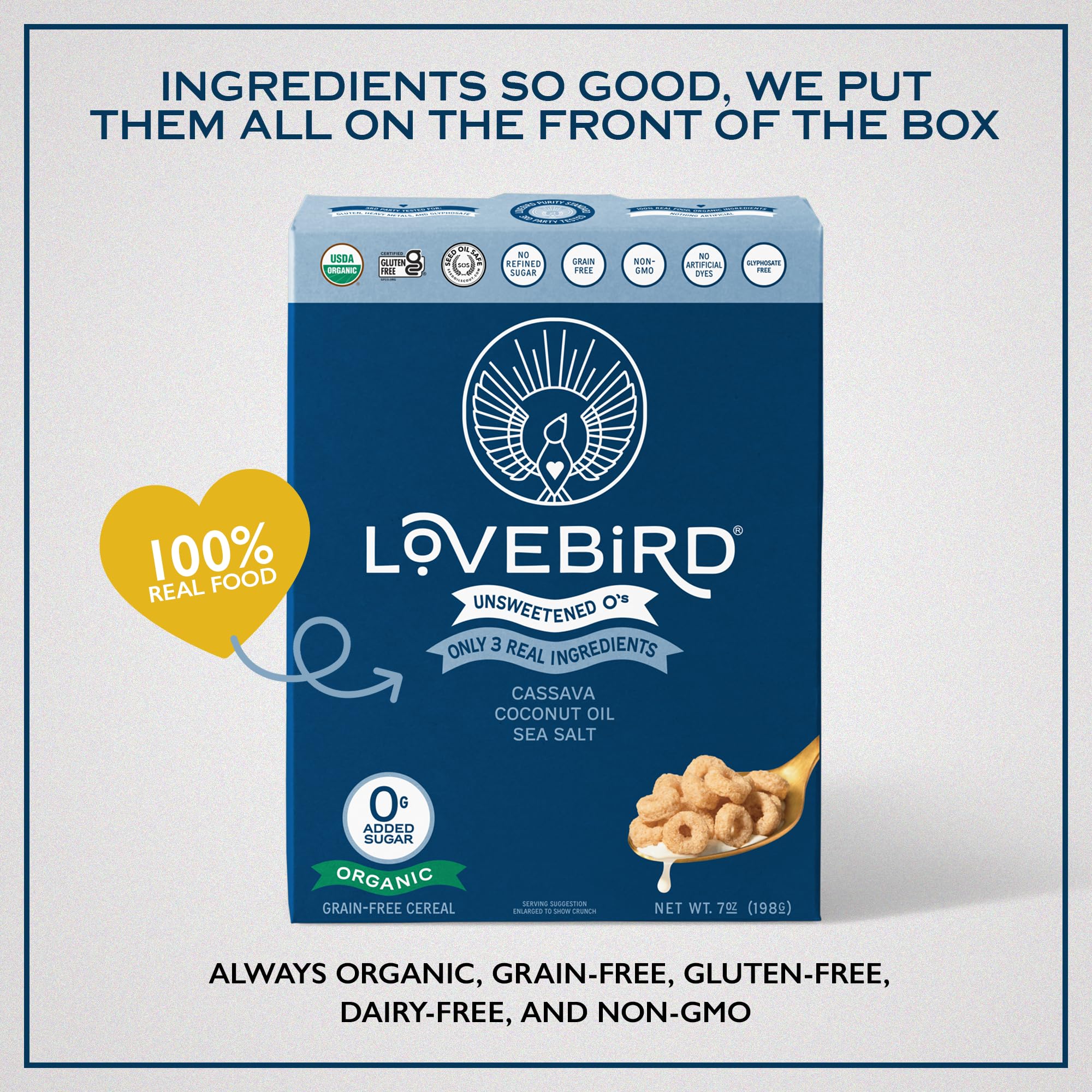 Lovebird Organic Cereal third-party tested badge on packaging