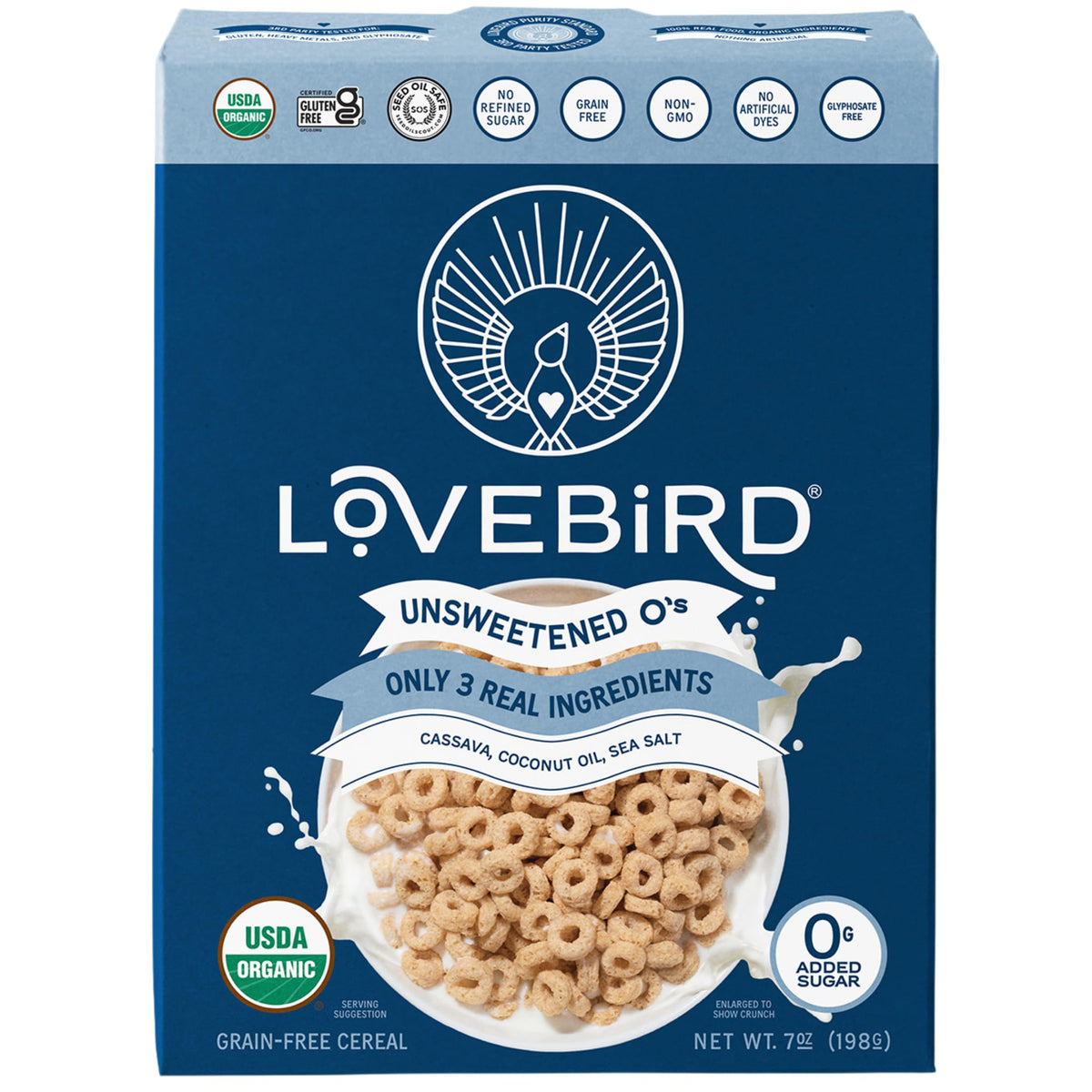Lovebird O's cereal image showing grain-free, unsweetened bites for a light breakfast.