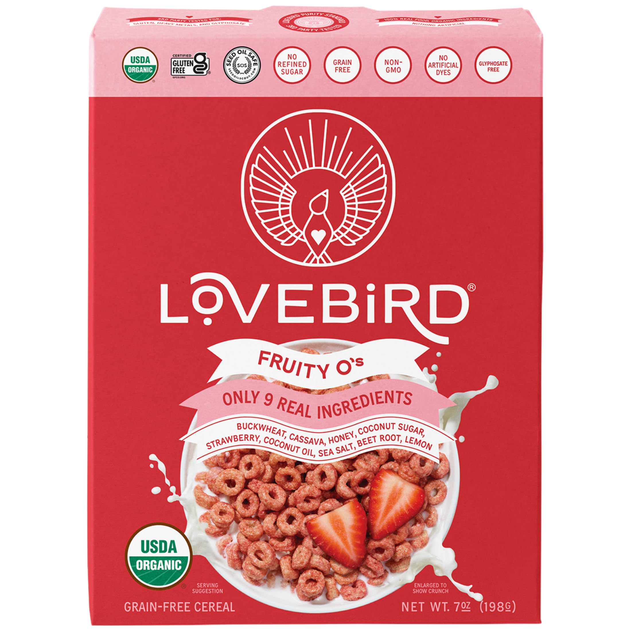 Lovebird strawberry organic cereal grain-free; a crisp, tasty snack for pets.