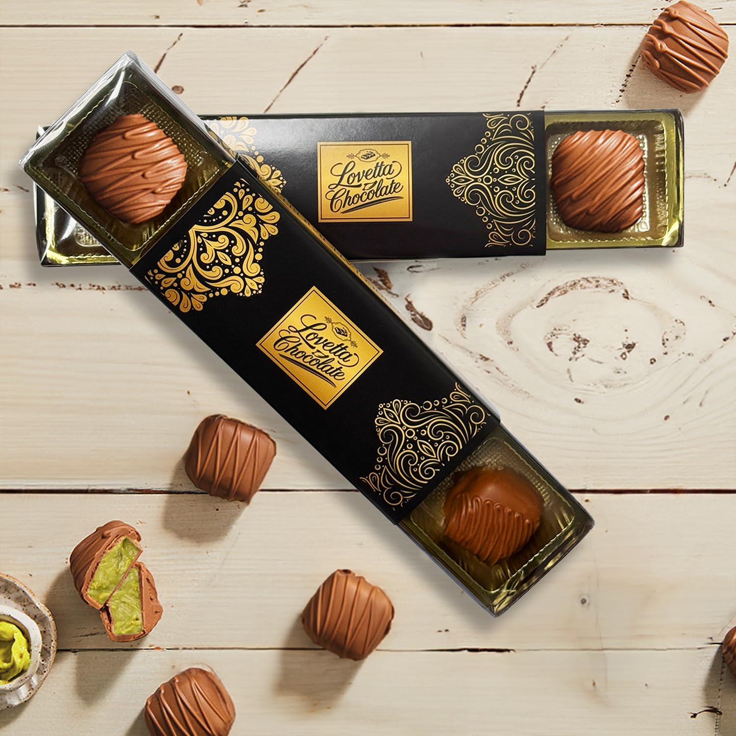 Lovetta mini bar slice reveals pistachio cream and kataifi filling