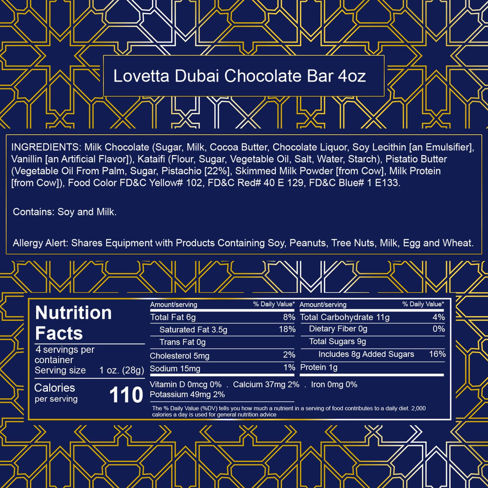 Lovetta Dubai Milk Chocolate Bar Belgian milk chocolate for rich indulgence