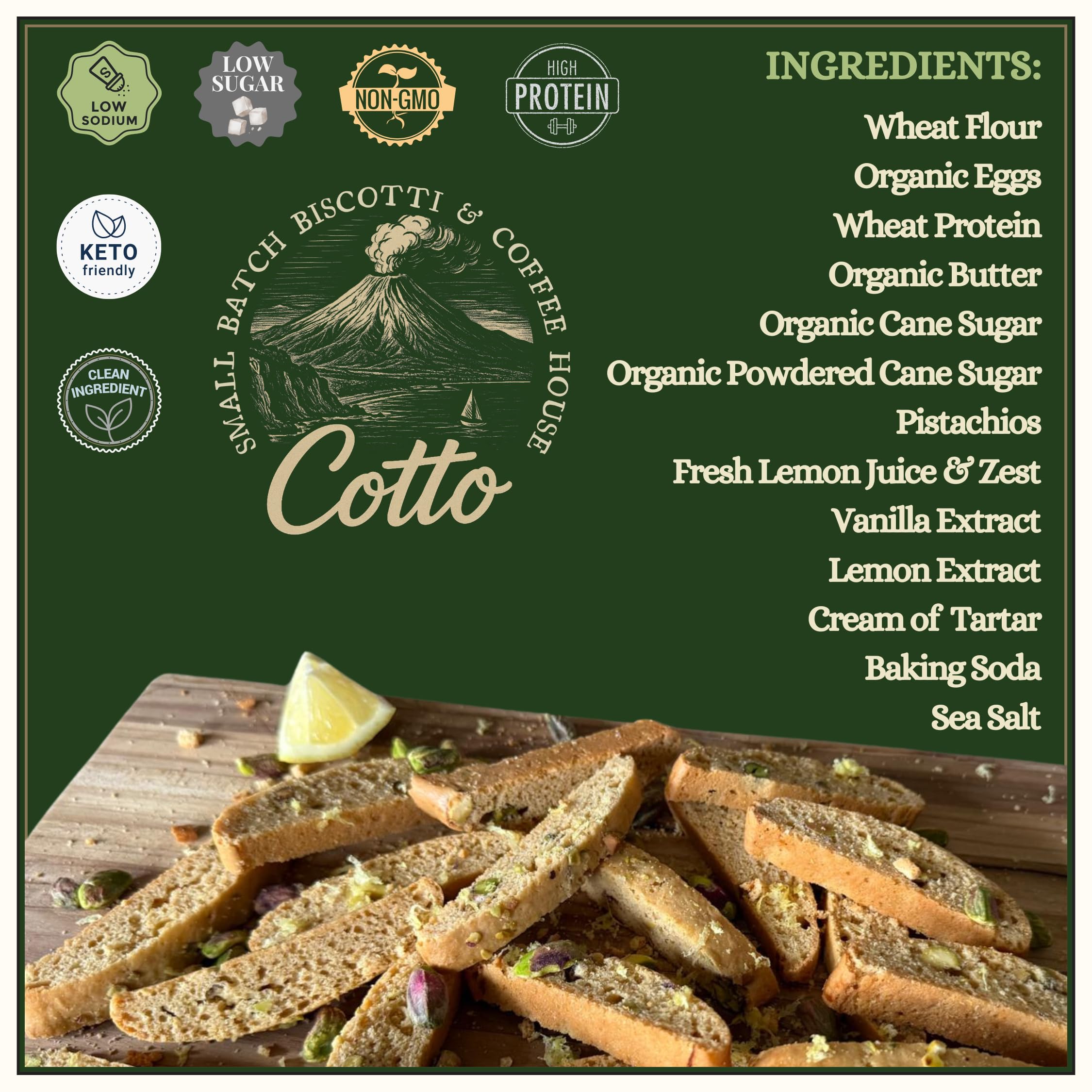 LOWCARB AVENUE Lemon Pistachio biscotti in a gift box for gifting.