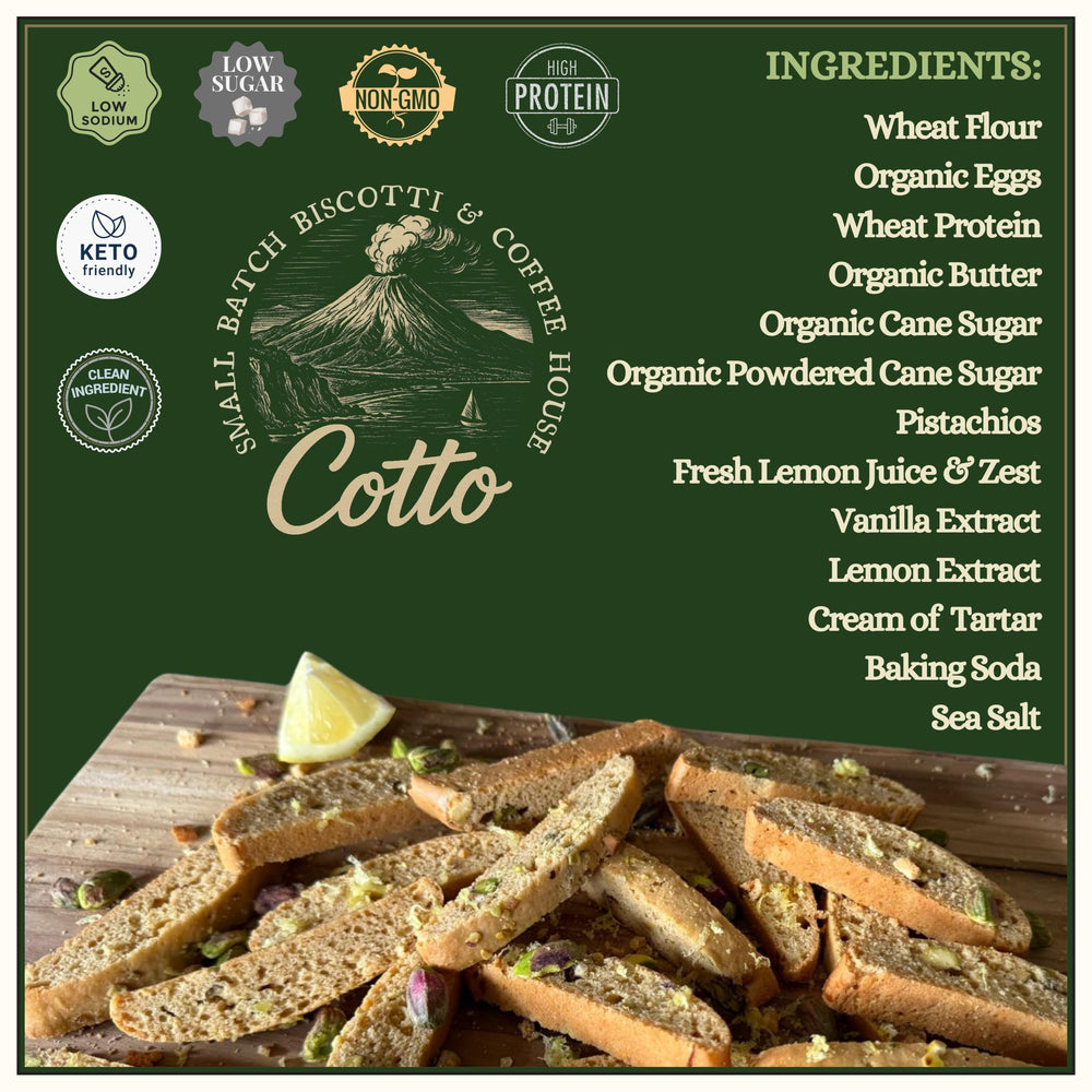 LOWCARB AVENUE Lemon Pistachio biscotti in a gift box for gifting.