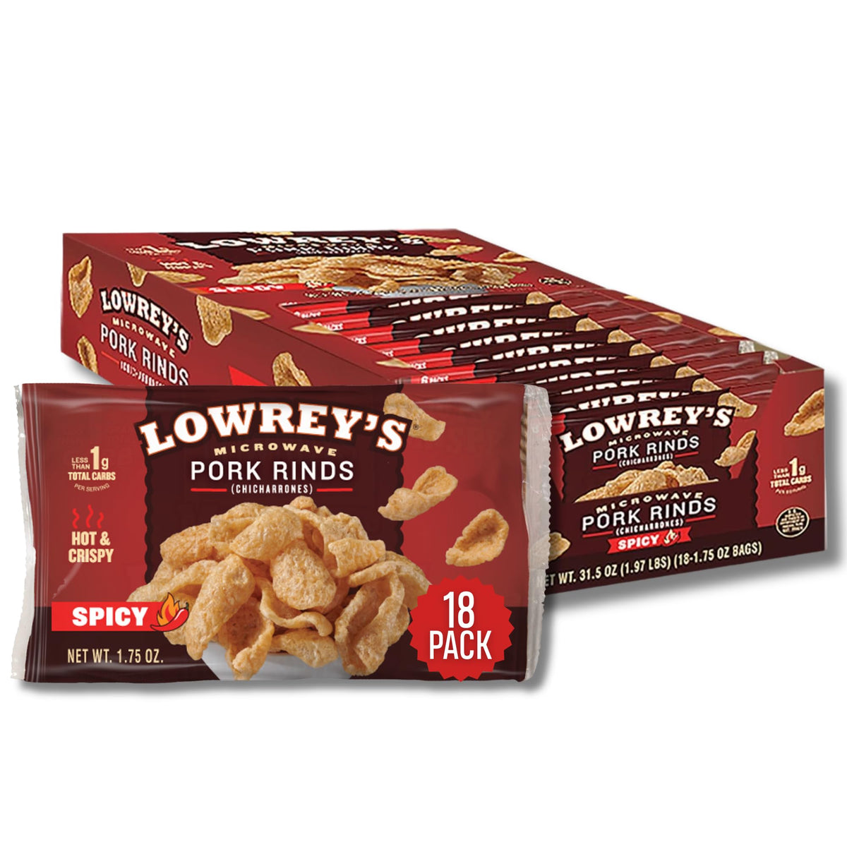 Lowrey's Bacon Curls hot and spicy microwave bag ready to snack.