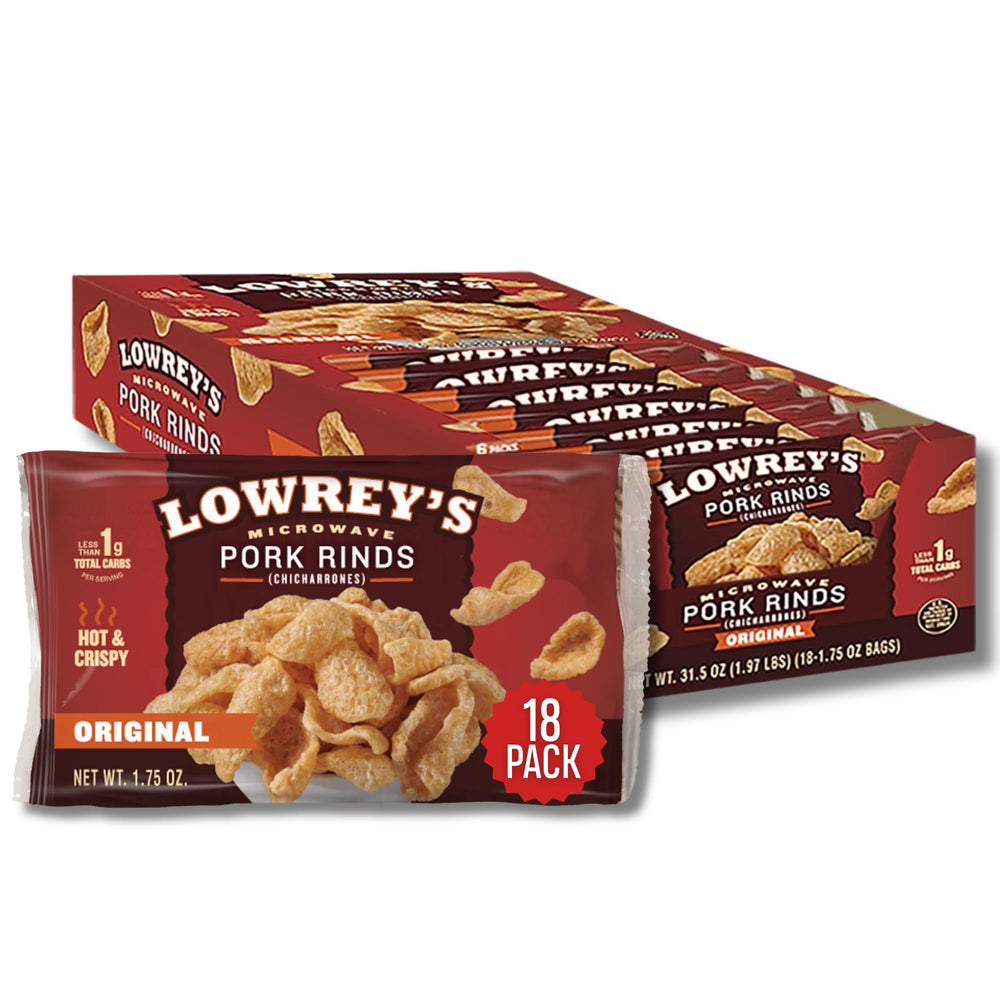 Lowrey's Bacon Curls microwave pack front view for a convenient low-carb snack