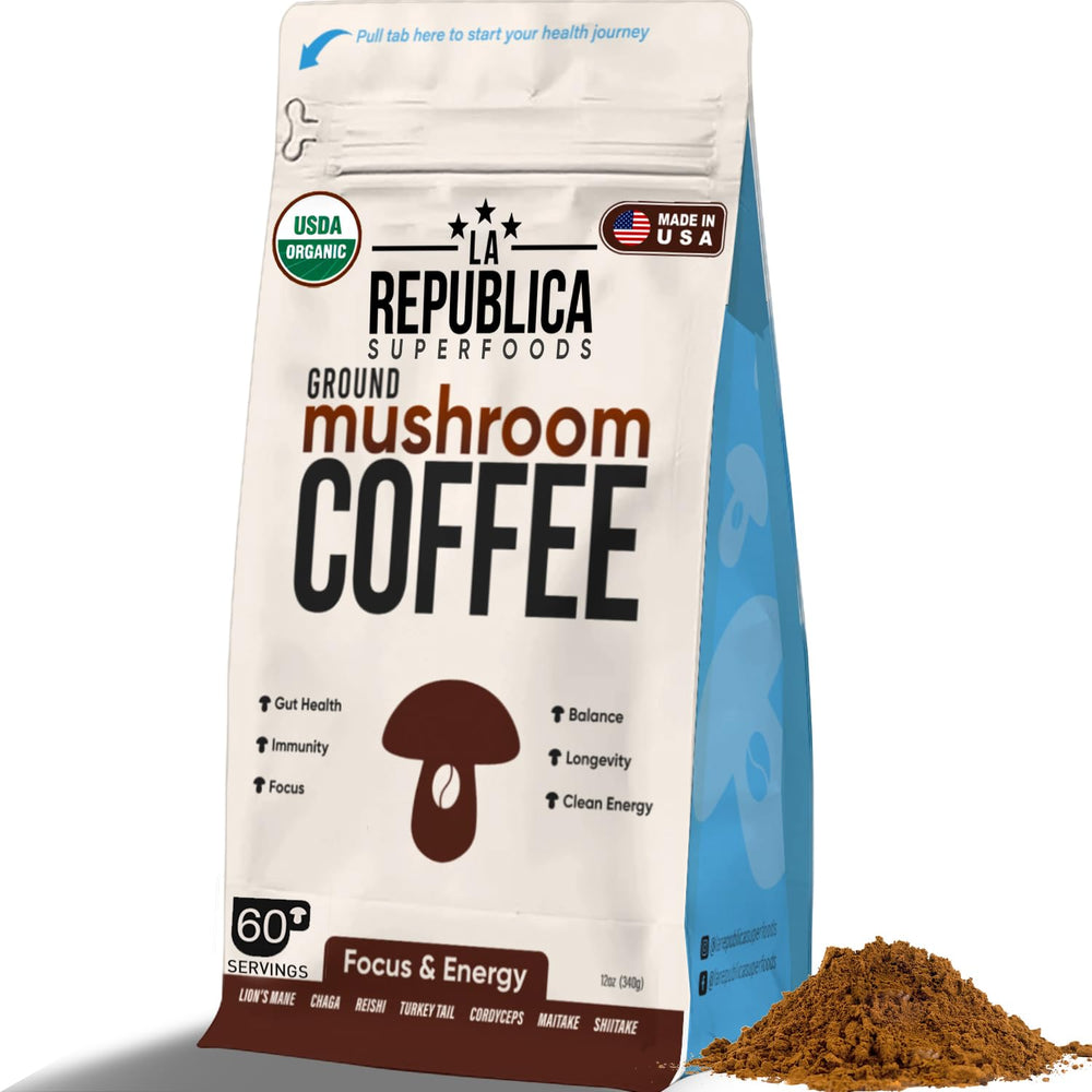 LRLA Ground Mushroom Coffee bag showing organic, fair-trade blend for a clean morning.