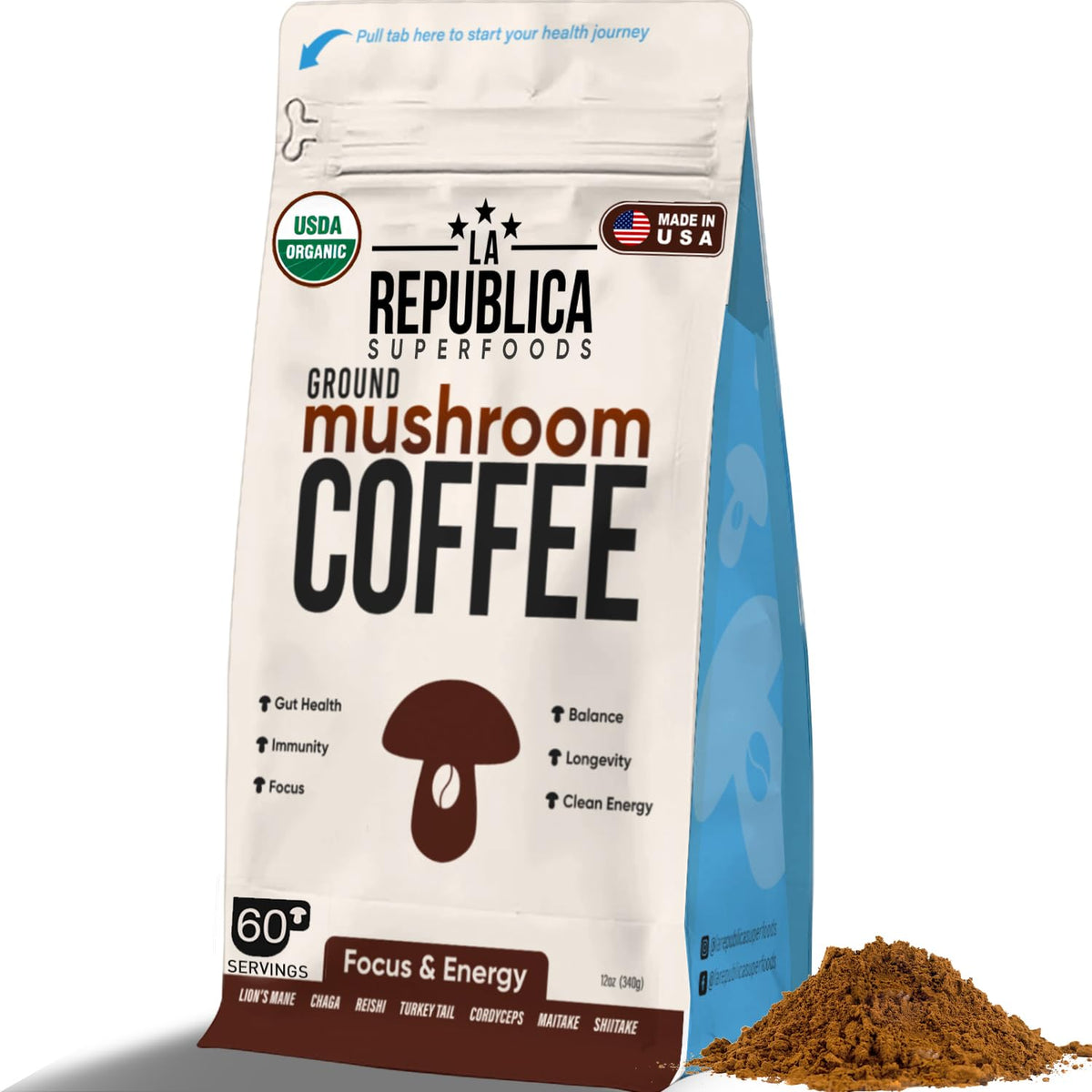 LRLA Ground Mushroom Coffee bag showing organic, fair-trade blend for a clean morning.