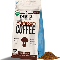 LRLA Ground Mushroom Coffee bag showing organic, fair-trade blend for a clean morning.
