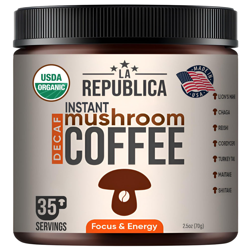 LRLA La Republica Decaf Mushroom Coffee jar for daily mindful sipping.